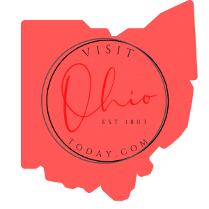 About me image red ohio state graphic with visit ohio today logo