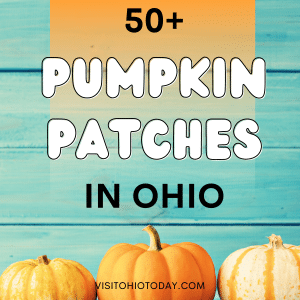 feature image sized teal and orange back ground with 2 orange pumpkins at bottom. Text overlay says 50+ pumpkin patches in Ohio