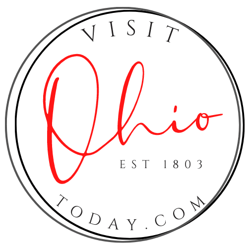 white background, black circle with words: visit ohio today.com est 1803 inside