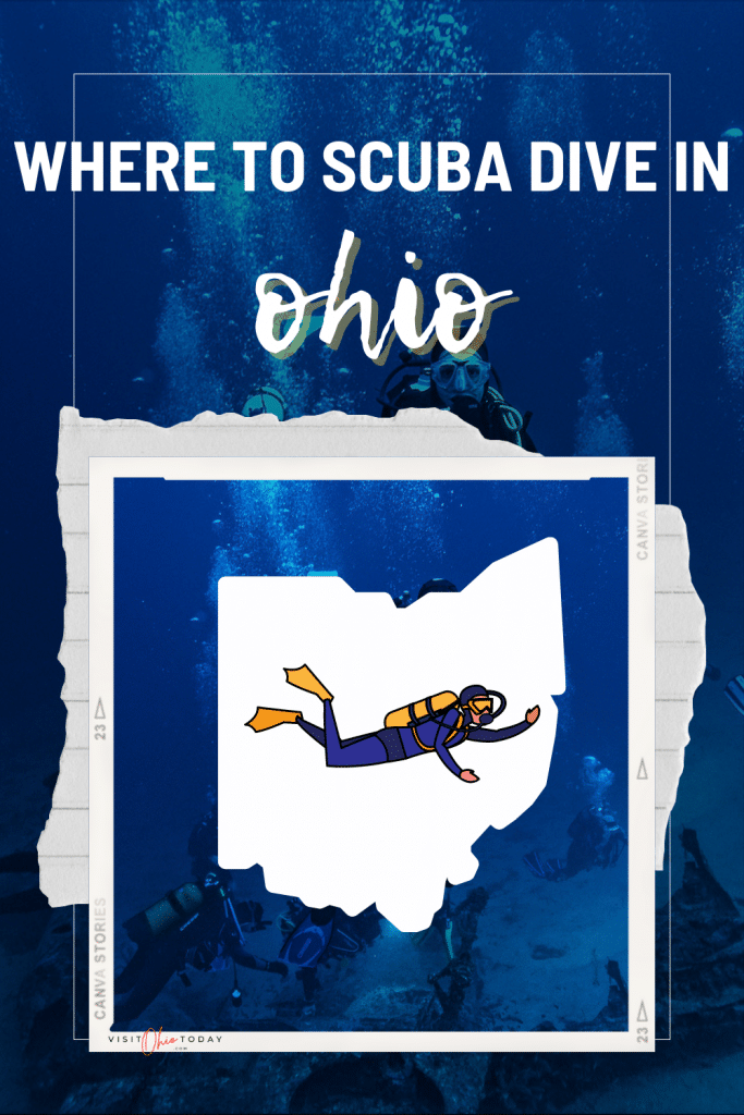 pinterest image blue background with scuba divers with text overlay saying where to scuba dive in Ohio 