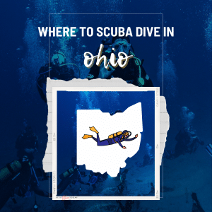 blue background with scuba divers with text overlay saying where to scuba dive in Ohio