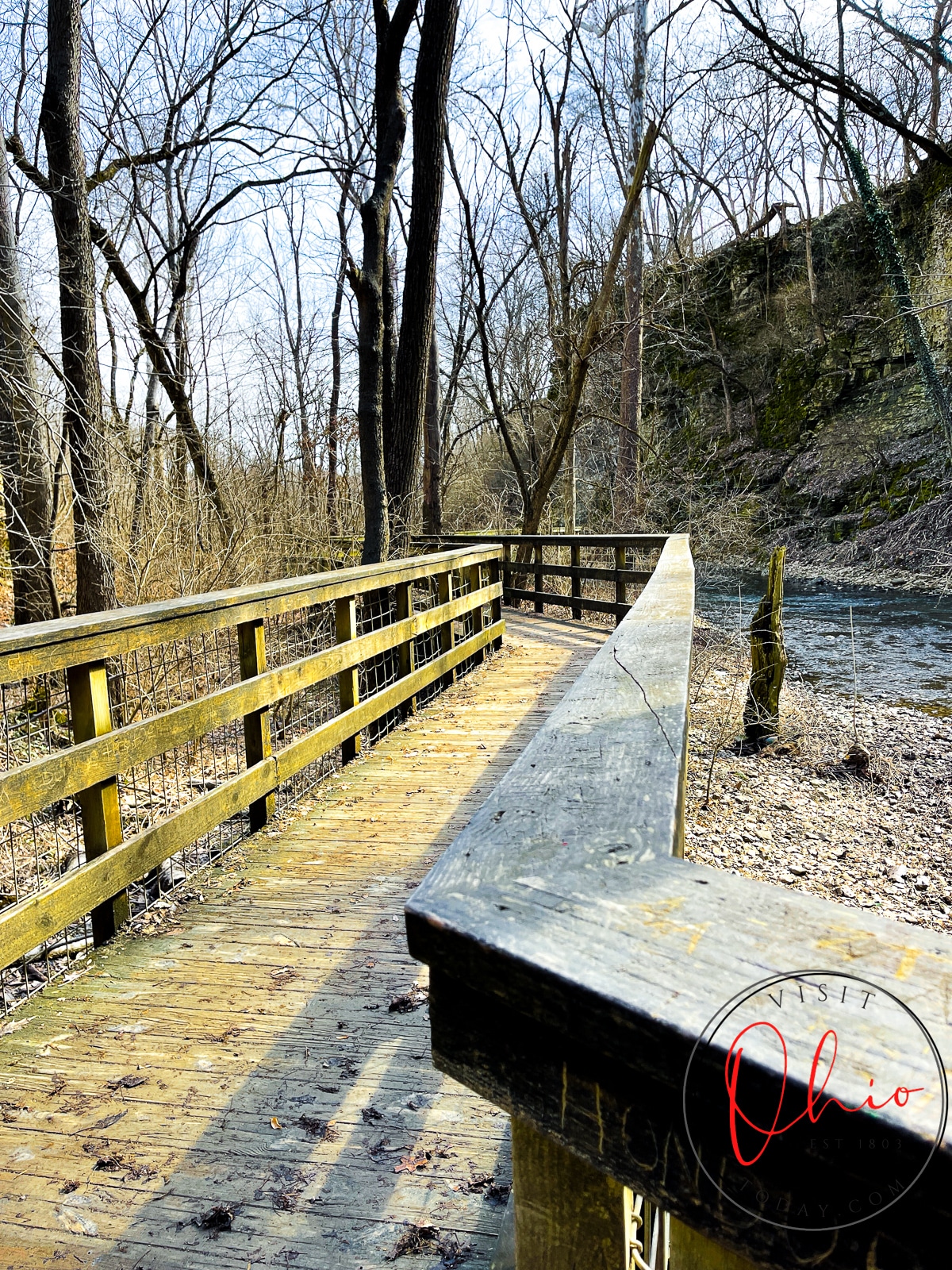 mossy brown wooden boardwalk in woods. Photo credit: Cindy Gordon of VisitOhioToday.com