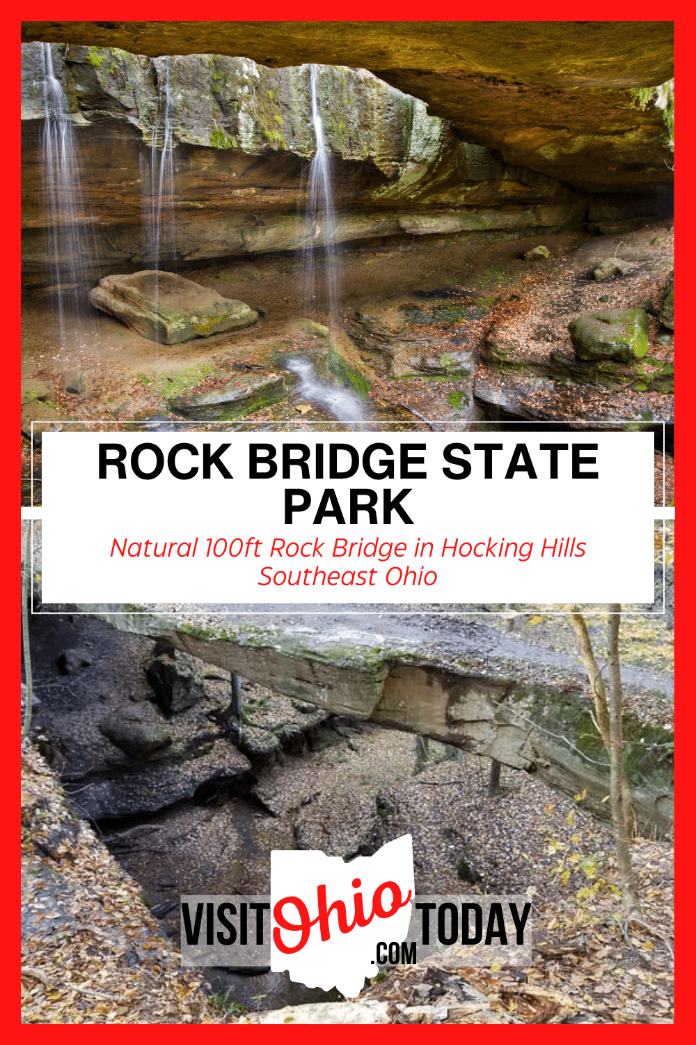 Rock Bridge State Park is a beautiful easy to moderate hiking trail to a natural bridge way, located in the Hocking Hills area. #hockinghills #Ohio