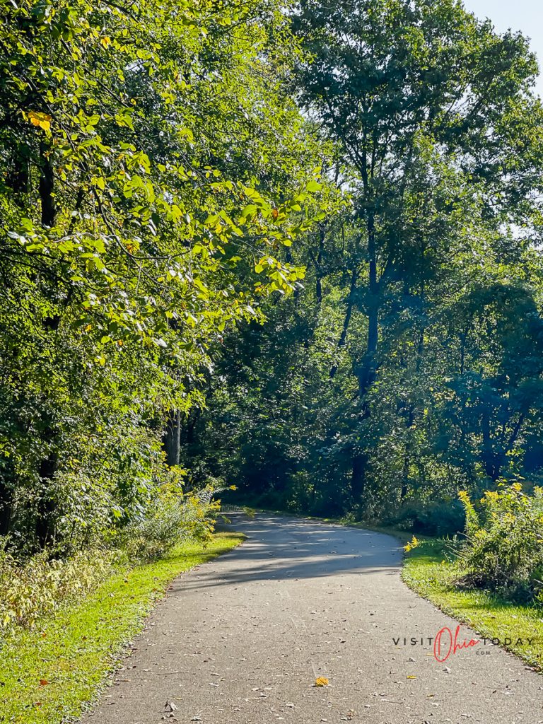 vertical photo showing a grey paved path into a green forest with trees with green leaves and green grass. Photo credit: Cindy Gordon of VisitOhioToday.com