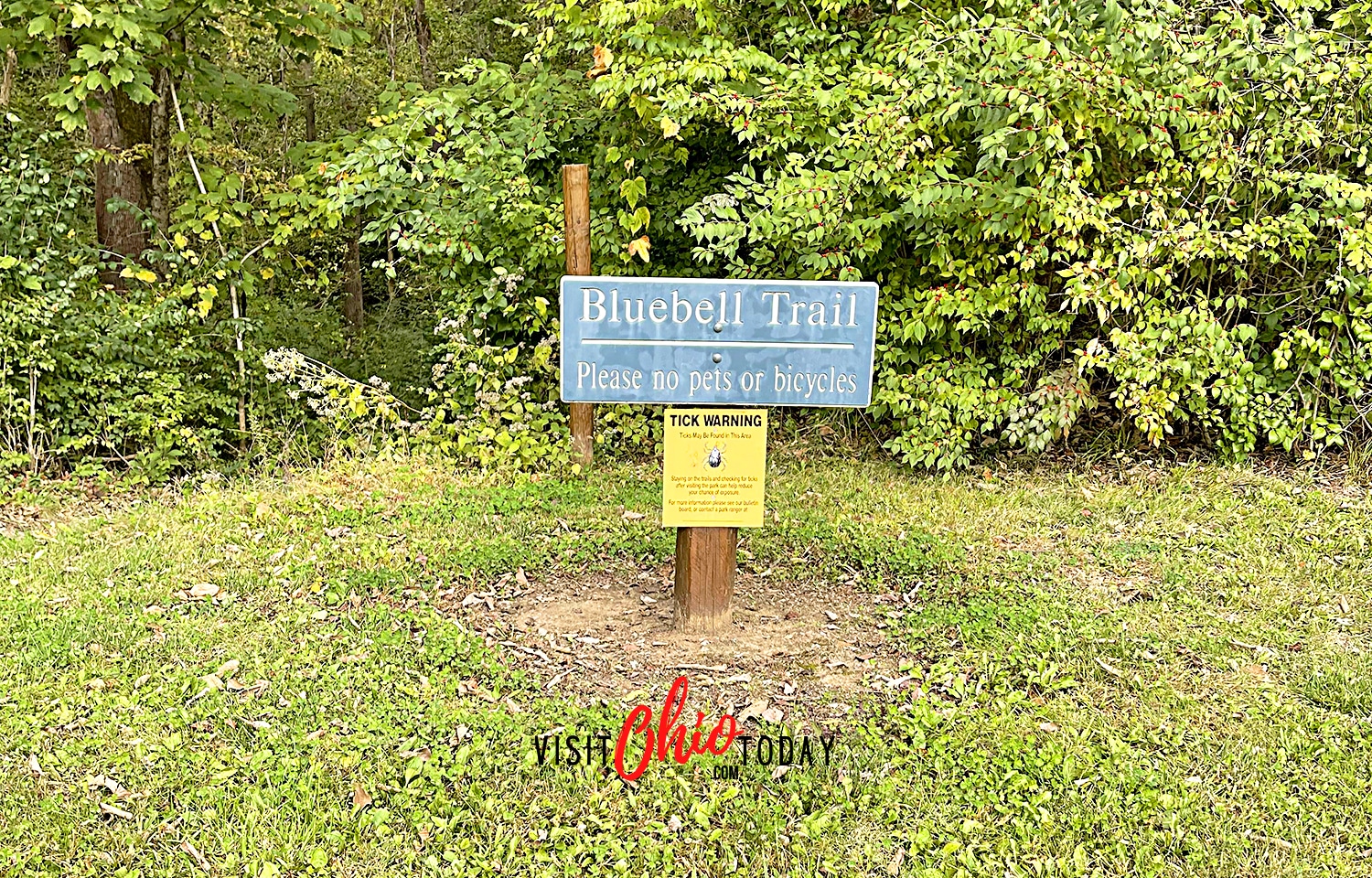 horizontal photo of the Bluebell Trail marker at Three Creeks Metro Park. Photo credit: Cindy Gordon of VisitOhioToday.com