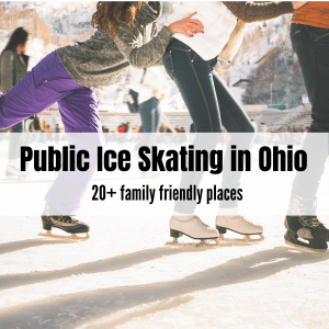 three people, pictured from waist own ice skating on an ice rink with text overlay public ice skating in ohio