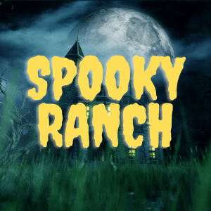 spooky ranch words in yellow front overlaid on a haunted house picture with a big moon