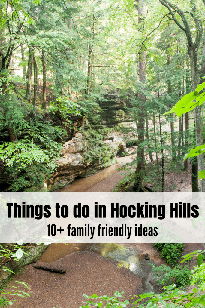 green forest with tall skinny trees, text overlay saying things to do in hocking hills