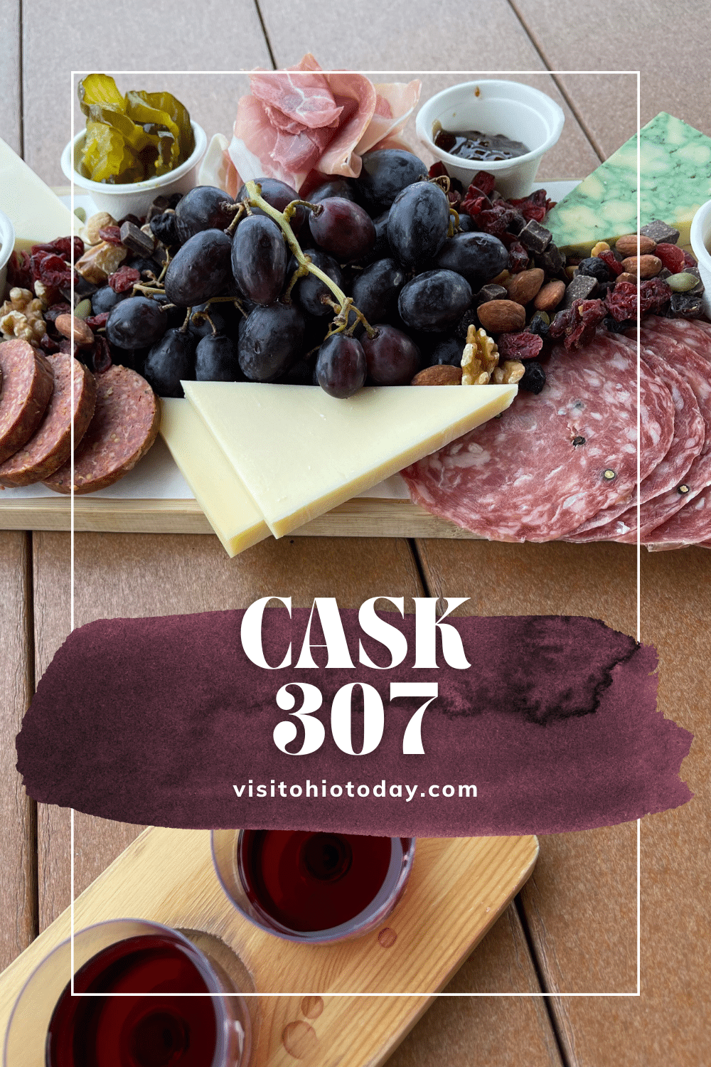 text overlay: cask 307 Picture of meat, blue grapes and cheese on board and red wine shots Photo credit: Cindy Gordon of VisitOhioToday.com