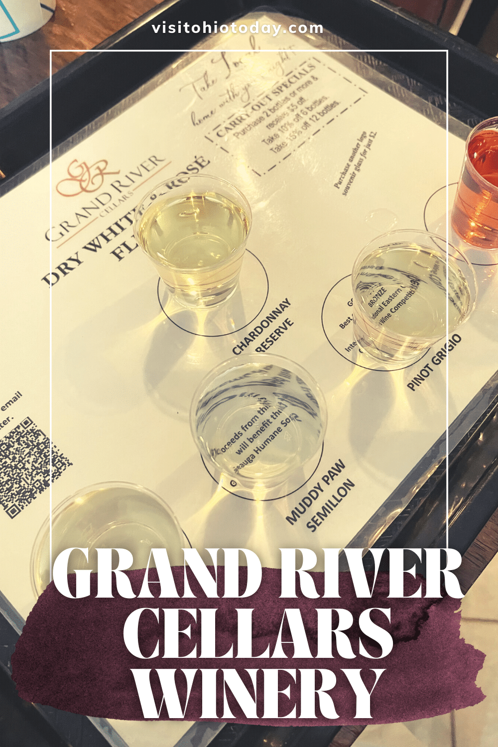 text overlay: Grand River Cellars white paper on plastic tray with shot glassses of wine samples. White wine and blush