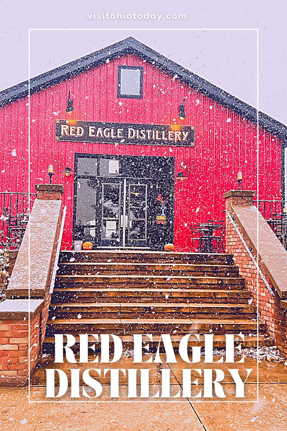 red eagle distillery in back ground with text overlay saying red eagle distillery Photo credit: Cindy Gordon of VisitOhioToday.com