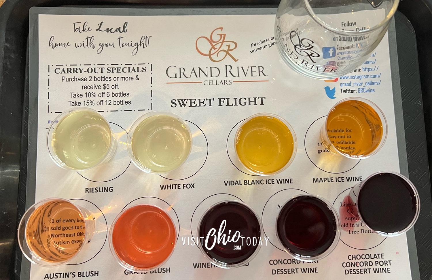 horizontal photo of a flight of wine for tasting at Grand River Cellars. Photo credit: Cindy Gordon of VisitOhioToday.com