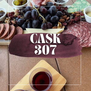 text overlay: cask 307 Picture of meat, blue grapes and cheese on board and red wine shots