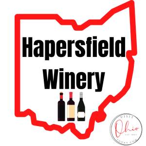 red state of ohio outline with three wine bottle and words: Harpersfield Winery