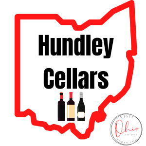 red state of ohio outline with three wine bottle and words: Hundley cellars