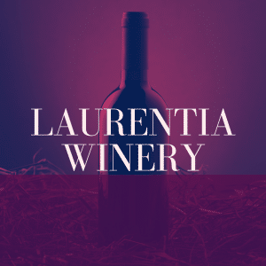 red and purple themed color with dark black wine bottle in center. White words that say Laurentia Winery