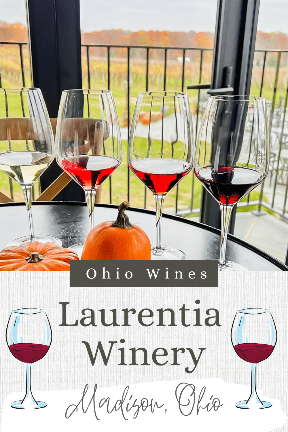 Laurentia Winery pinterest pin, four wine glasses over looking a vineyard Photo credit: Cindy Gordon of VisitOhioToday.com