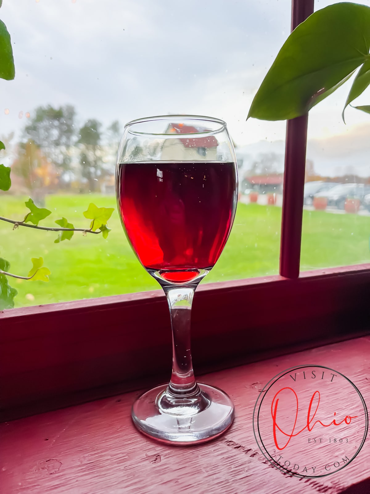 Glass of red wine sitting on maroon window sill Photo credit: Cindy Gordon of VisitOhioToday.com