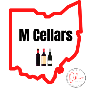 white background, red outline of the state of ohio, three wine bottles graphic, and the words: M Cellars in black