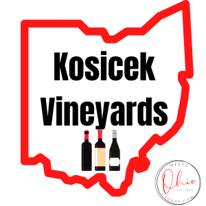 white background with red outline of the state of Ohio, three wine bottles and words: Kosicek Vineyards