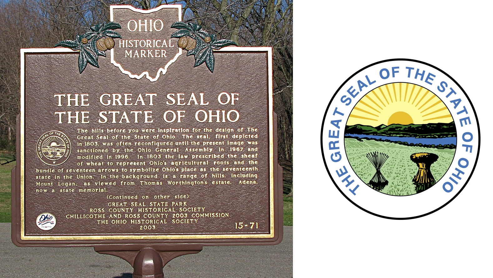 horizontal image showing the historical marker for the Great Seal of the State of Ohio on the left, and the great seal of the state of ohio on the right.