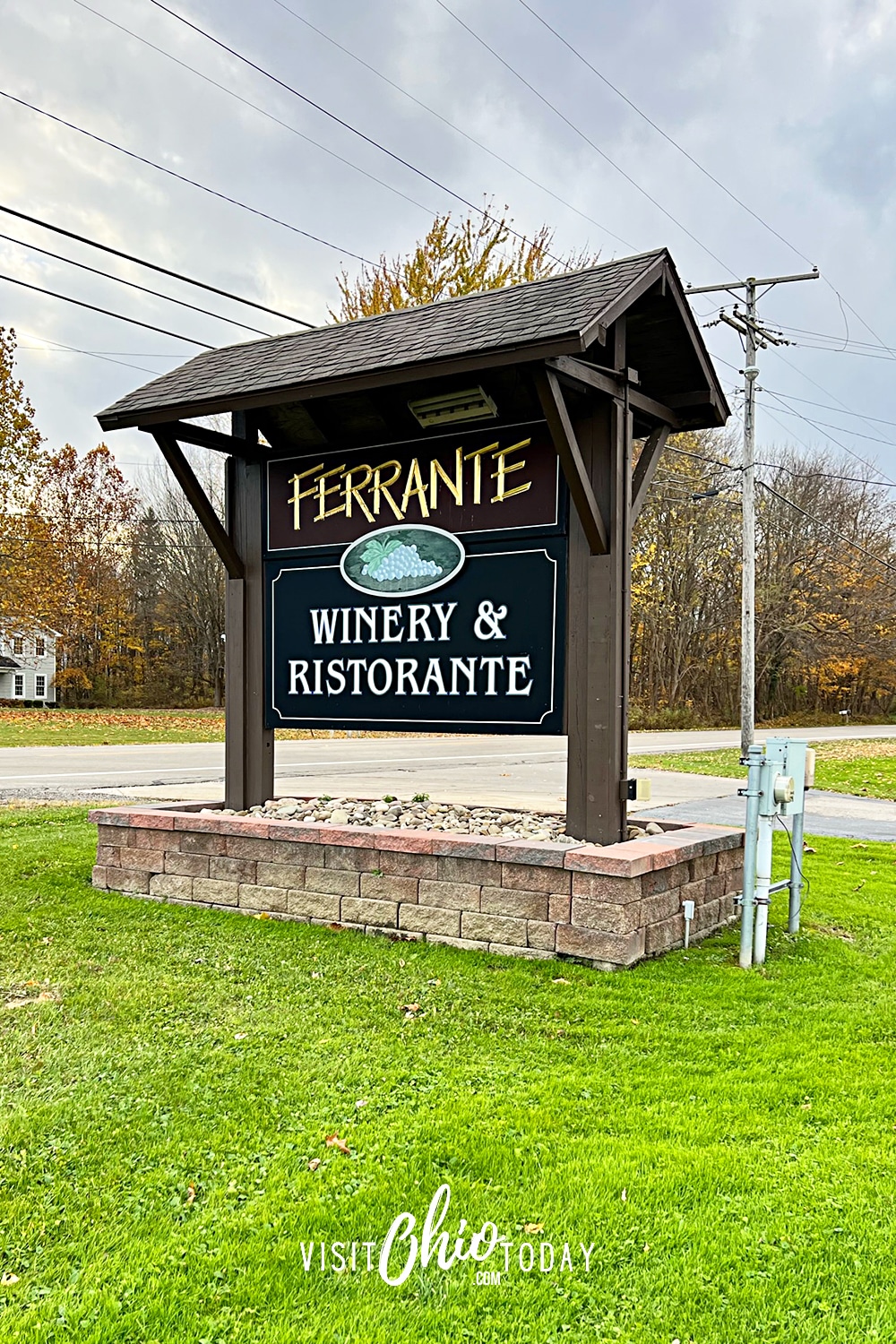 vertical photo of the outside sign on the approach to Ferrante Winery. Photo credit: Cindy Gordon of VisitOhioToday.com