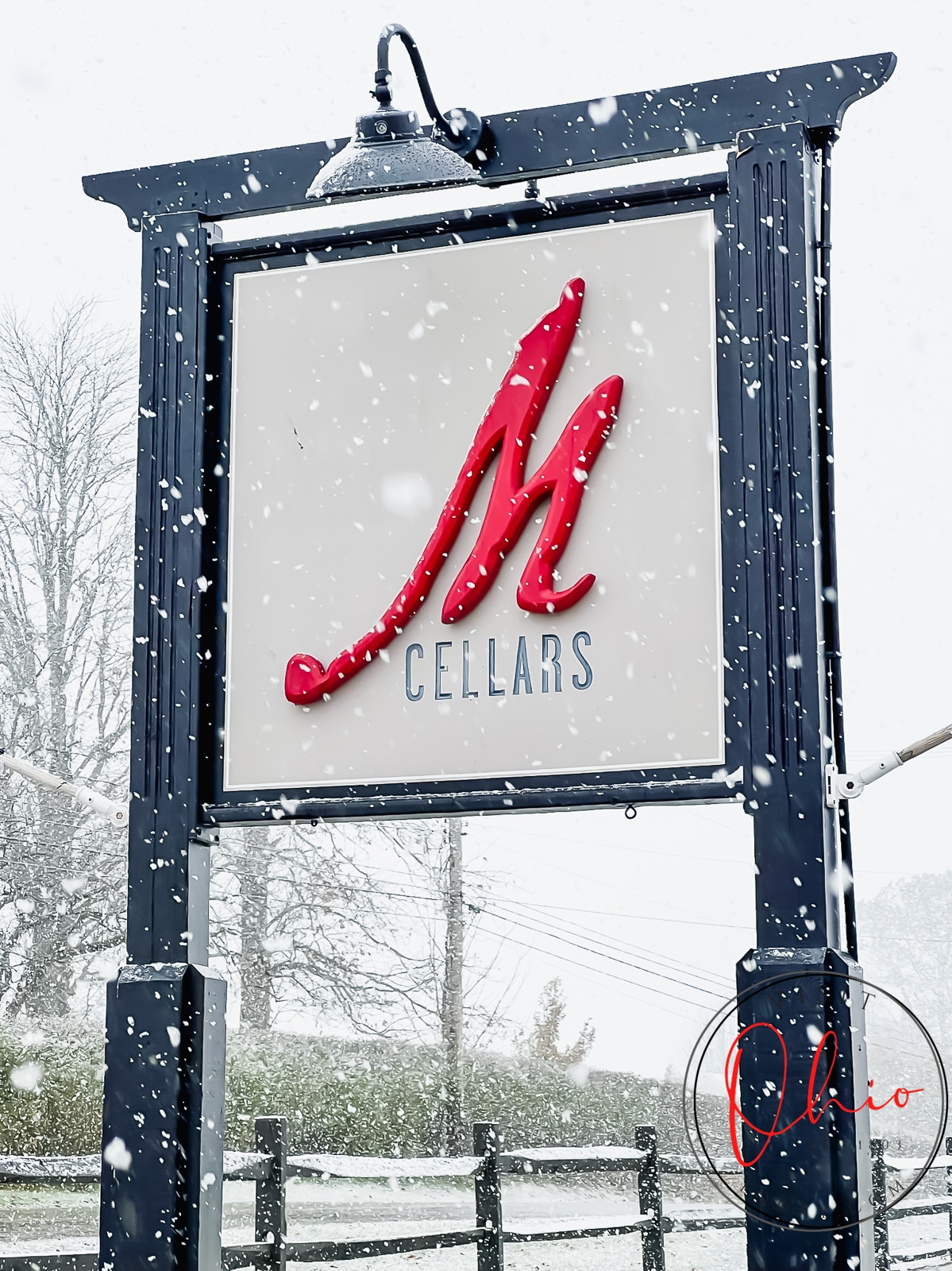 M Cellars sign in the snow Photo credit: Cindy Gordon of VisitOhioToday.com