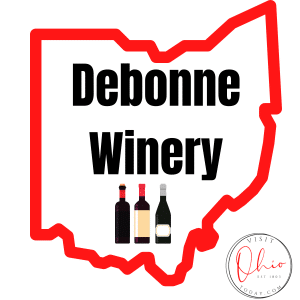 white background, red outline of the state of ohio, three wine bottles graphic, and the words: Debonne winery in black