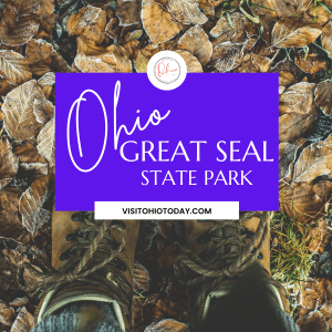 brown hiking shoes (2 of them) on top of brown gravel and ground. Purple rectangle with words in white: ohio great seal state park visitohiotoday.com