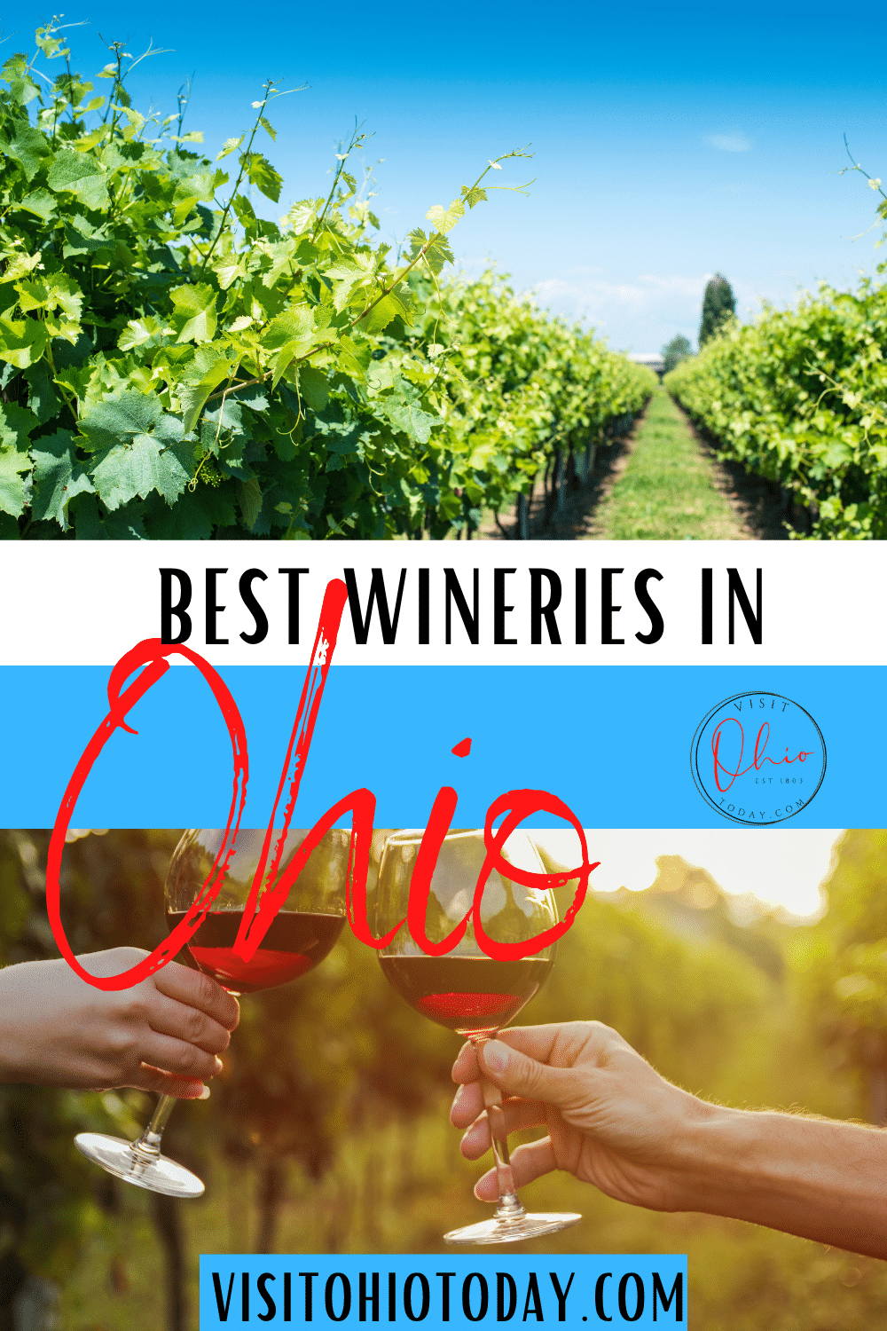 text says Best wineries in Ohio, top picture is a green vines in a row bottom icture is two hands toasting each other with wine glasses filled with red liquid