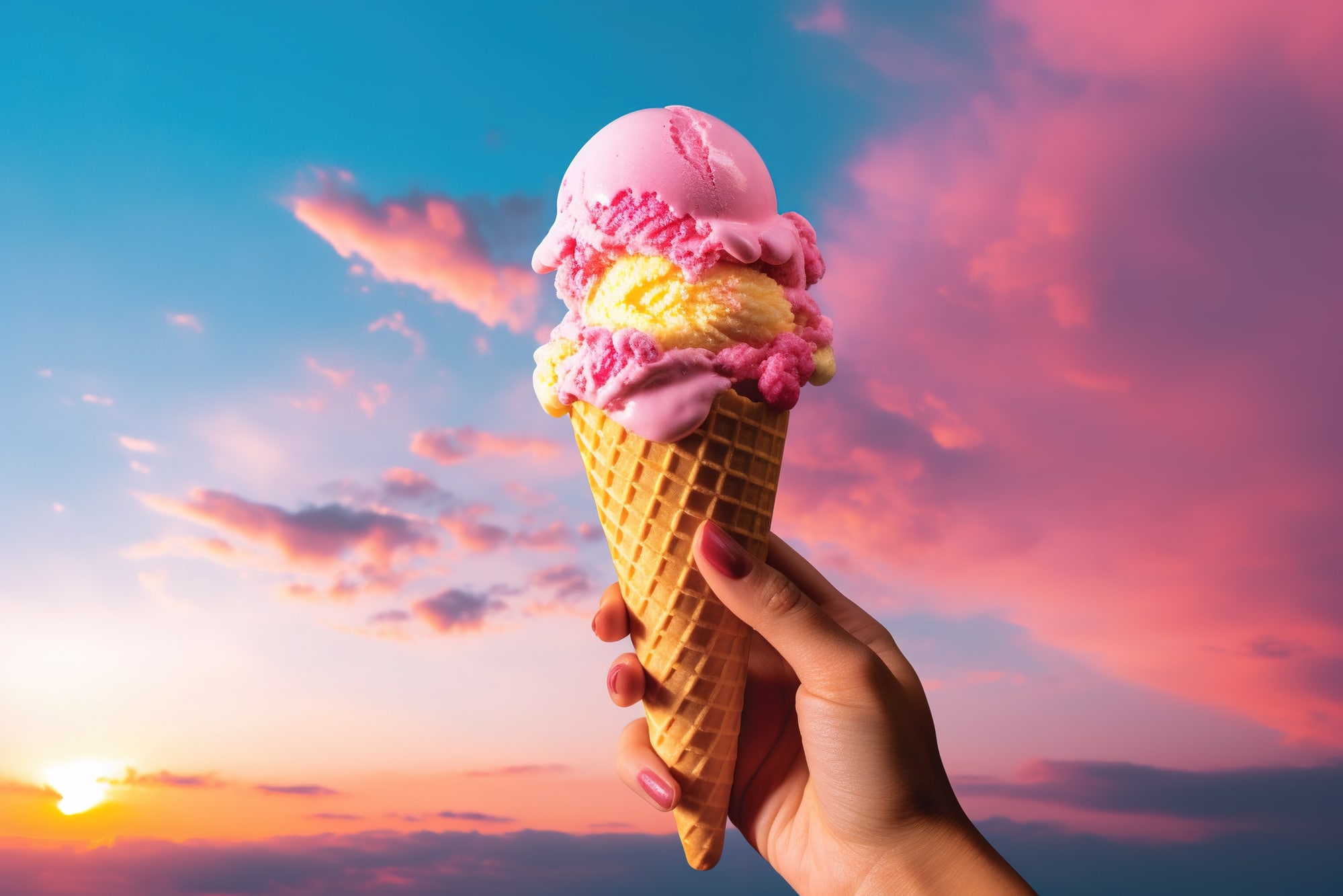 horizontal photo of a hand holding an ice cream cone against a blue sky with pink, sunset clouds
