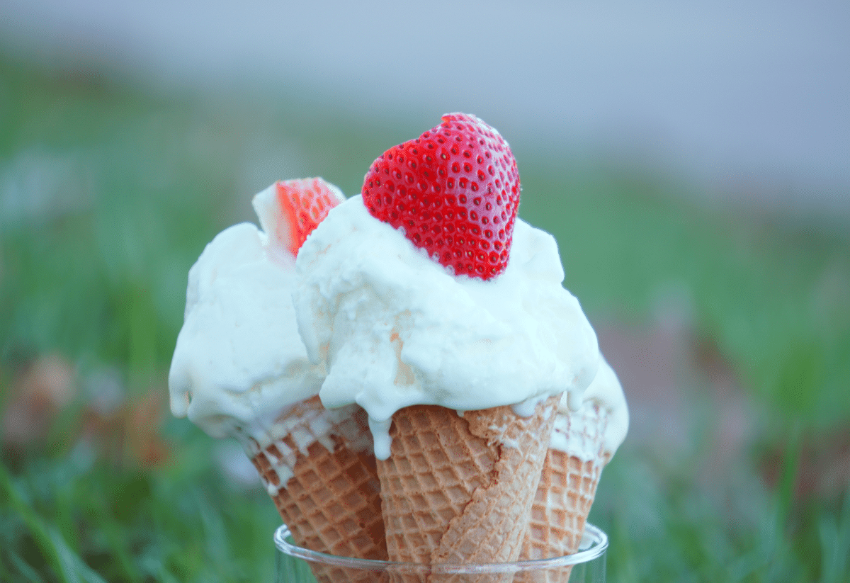 horizontal photo of three ice cream cones being held up in front of a blurred field background