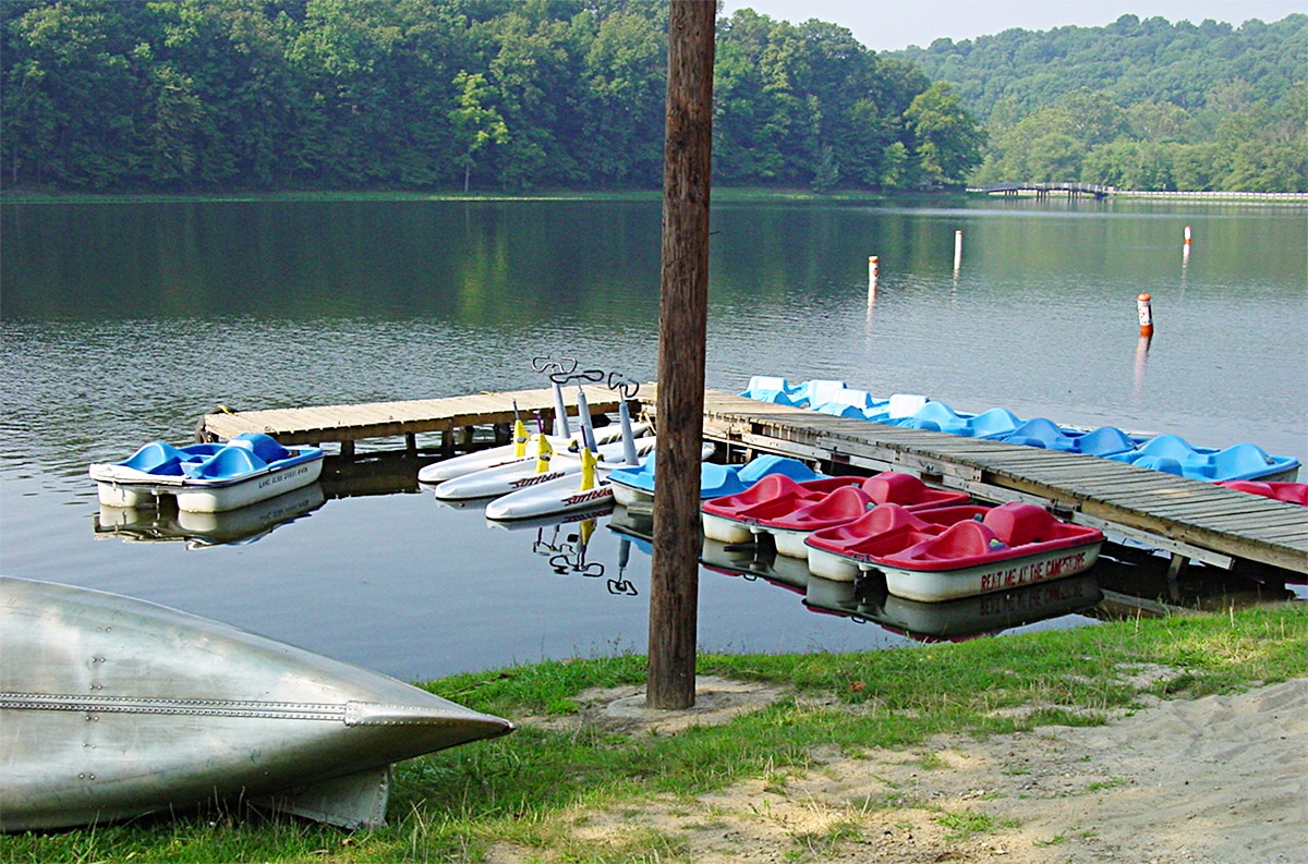 horizontal photo of a variety of boats moored on the lake at Lake Alma State Park