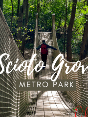 boy in red backpack crossing wooden bridge text says scioto grove metro park