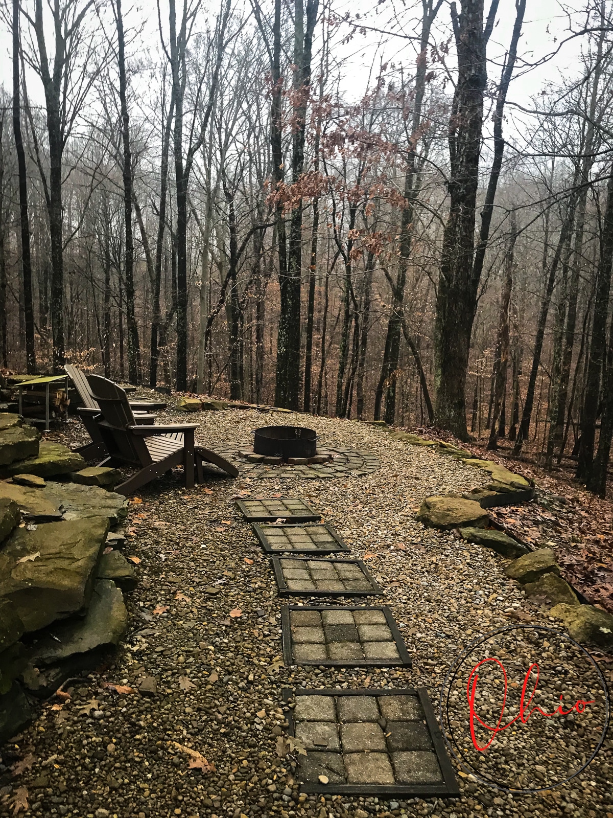 dark fall day in woods with trees with no lives, stone walk way to fire pit