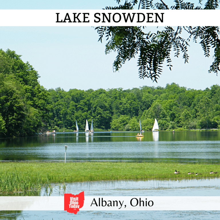 square image with a photo of boats on the water. A white strip across the top has the text Lake Snowden, and a white strip across the bottom contains the text Albany, Ohio