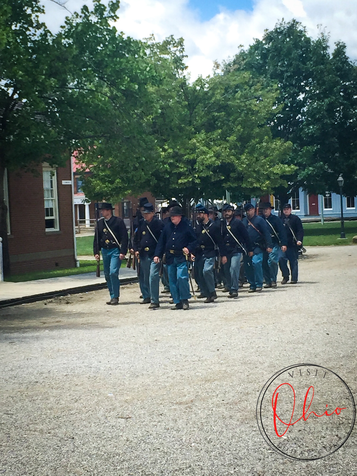 civil war army marching down dirt road at Ohio village Photo credit: Cindy Gordon of VisitOhioToday.com