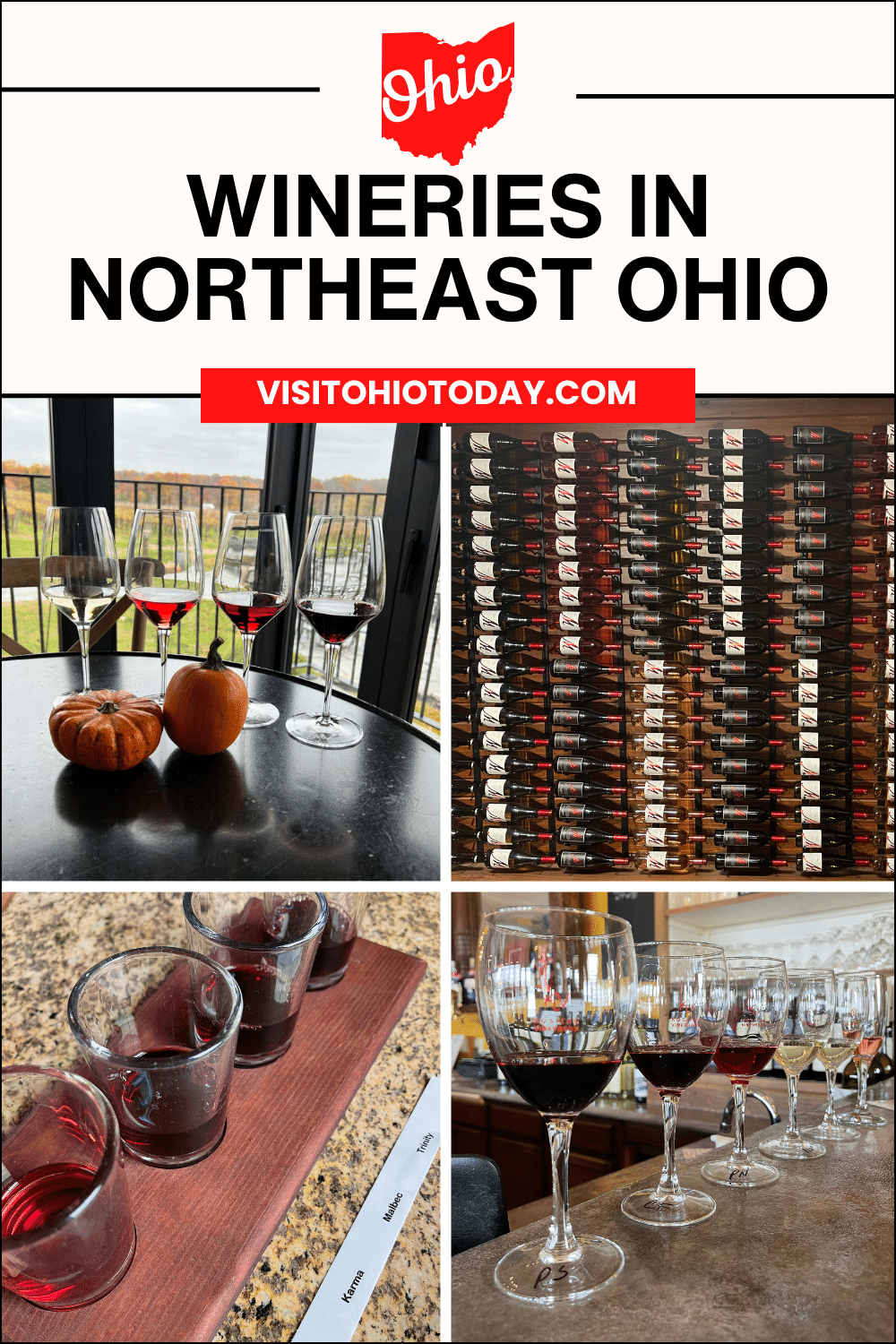 vertical image with 4 photos of wine from various wineries in Northeast Ohio. Photo credits: Cindy Gordon from VisitOhioToday.com