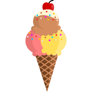 brown ice cream cone with three scoops of ice cream, vanilla chocolate strawberry. it has sprinkles and cherry
