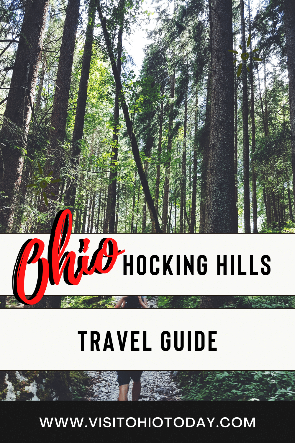 Text: Ohio Hocking Hills Travel Guide with picture of tall skinny brown trees with green leaves