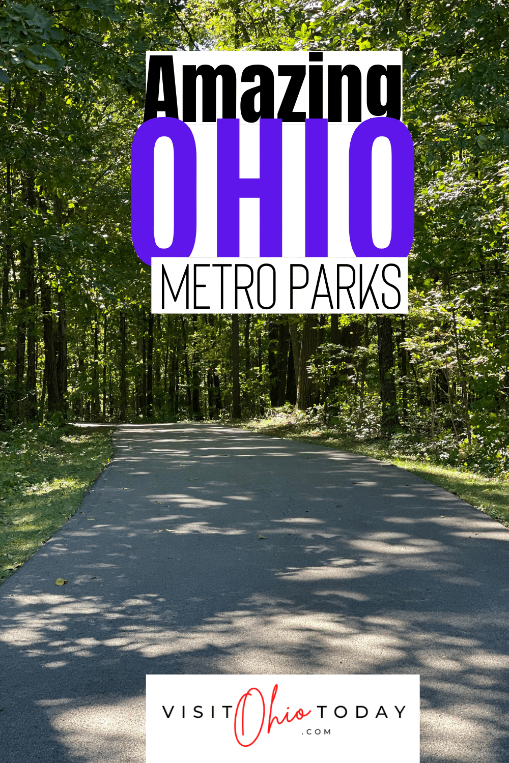 paved path leading into wooded area. Trees are brown with green leaves. Text: Amazing Ohio Metro Parks