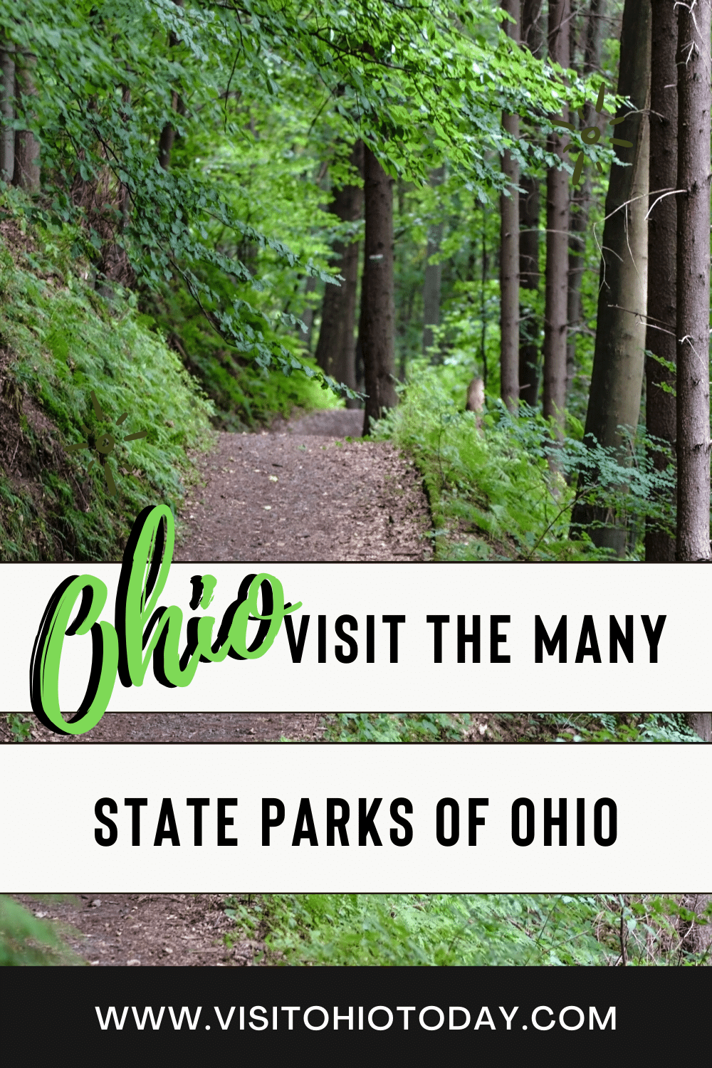 text says: Ohio visit the many state parks of ohio with a dirt path and green leaves and trees along each side of the path