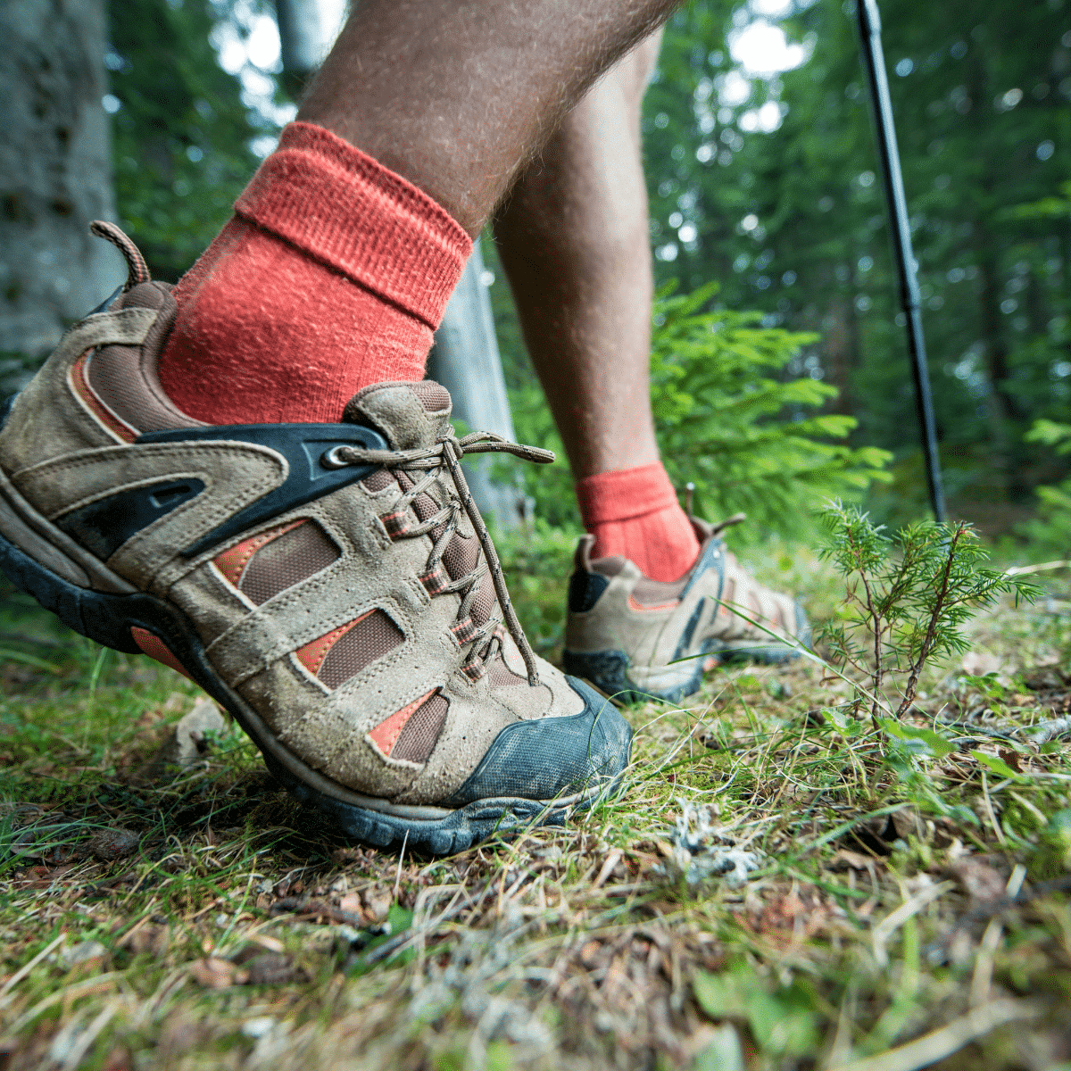 orange sock in brown water shoes waking on green grass path