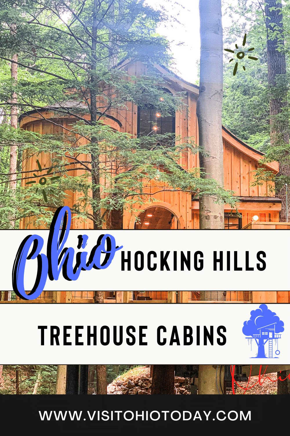 Wooden large treehouse among tall healthy trees with green leaves with text overlay: Ohio Hocking Hills Treehouse Cabins