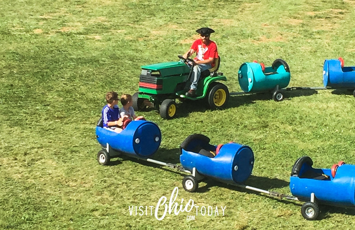 horizontal photo of the barrel train ride at Lynd Fruit Farm. Photo credit: Cindy Gordon of VisitOhioToday.com