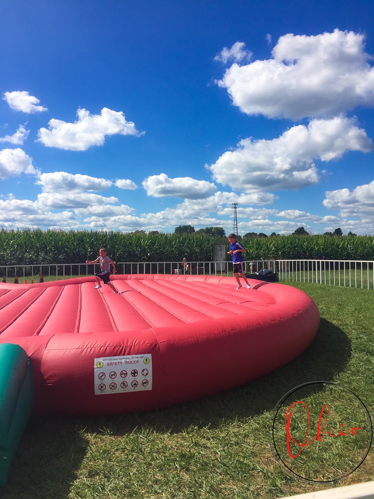 large red bouncy pad on green grass and blue sky with big clouds