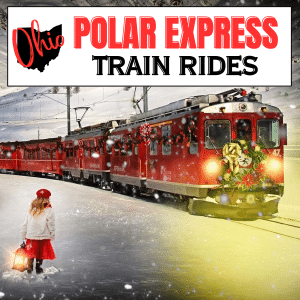 square image with an image of a christmas-decorated train and a young girl with a lantern. A white box at the top has the text Polar Express Train Rides