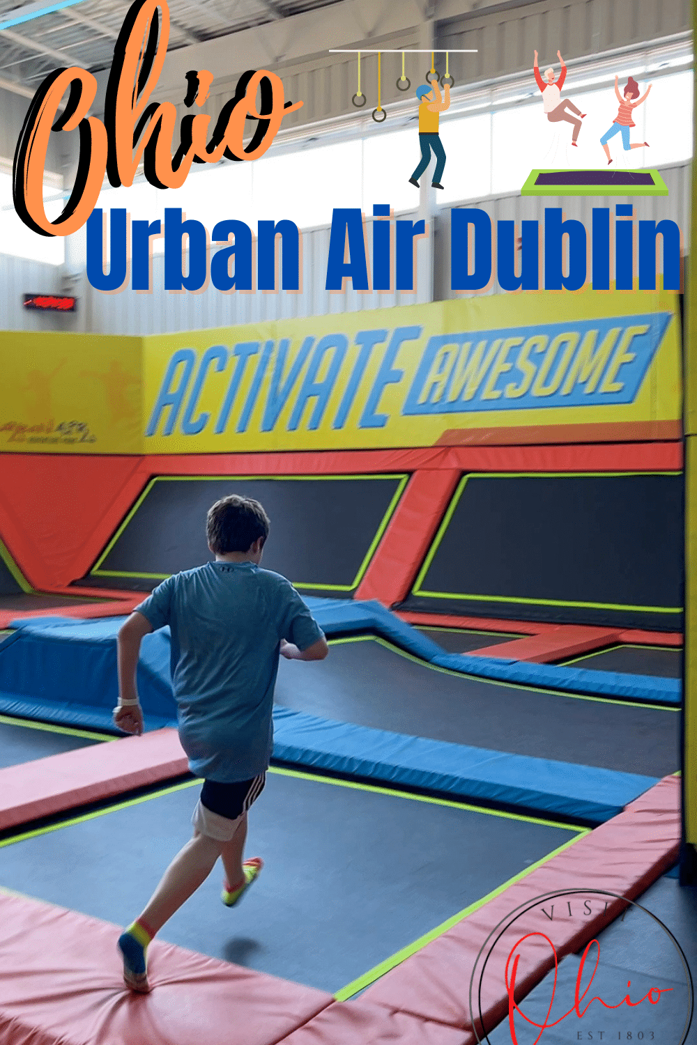 kid running across several rectangle trampolines with text overlay that says ohio urban air dublin