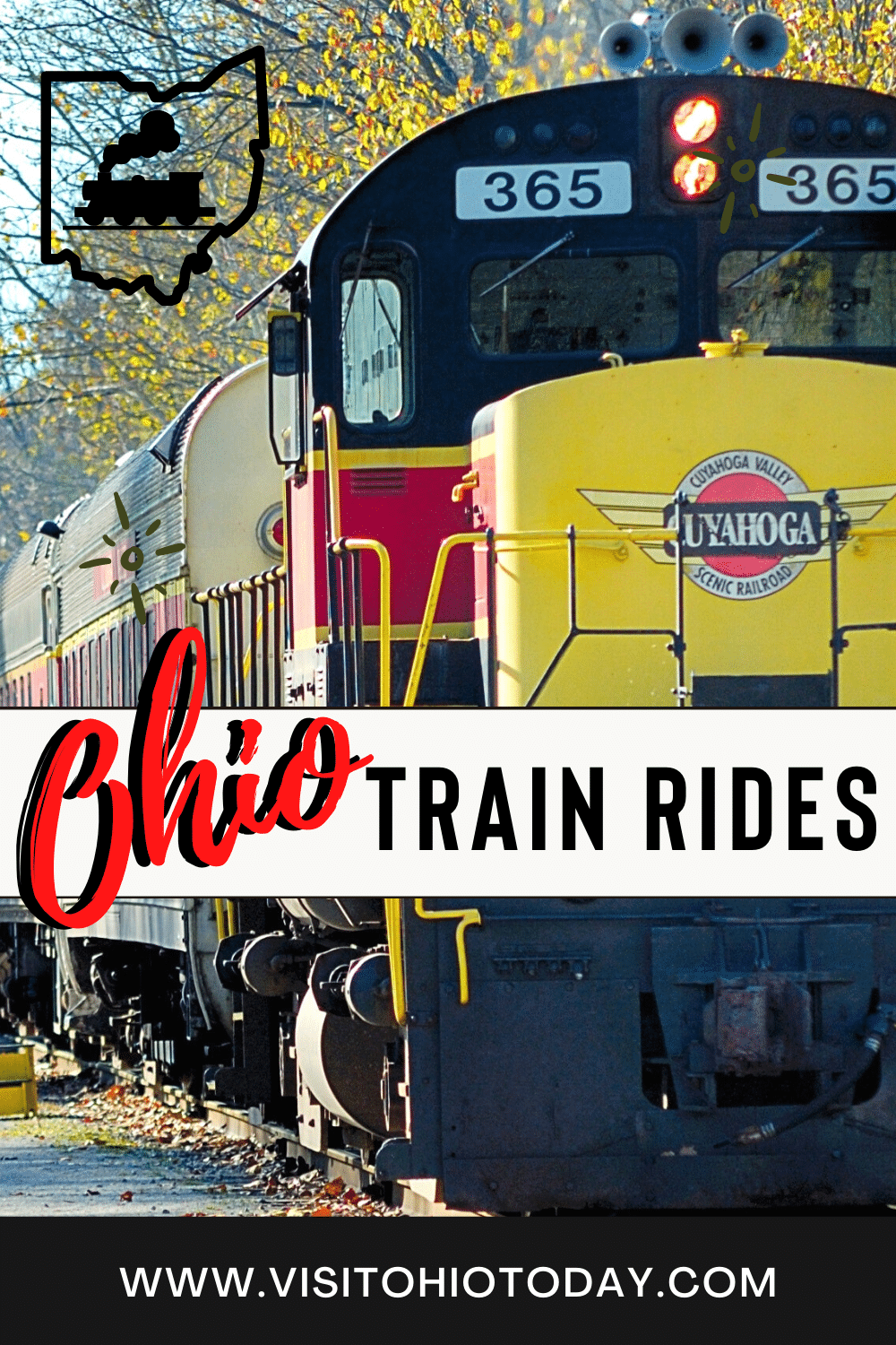 train rides in ohio yellow and black train on track with text overlay: Ohio Train Rides