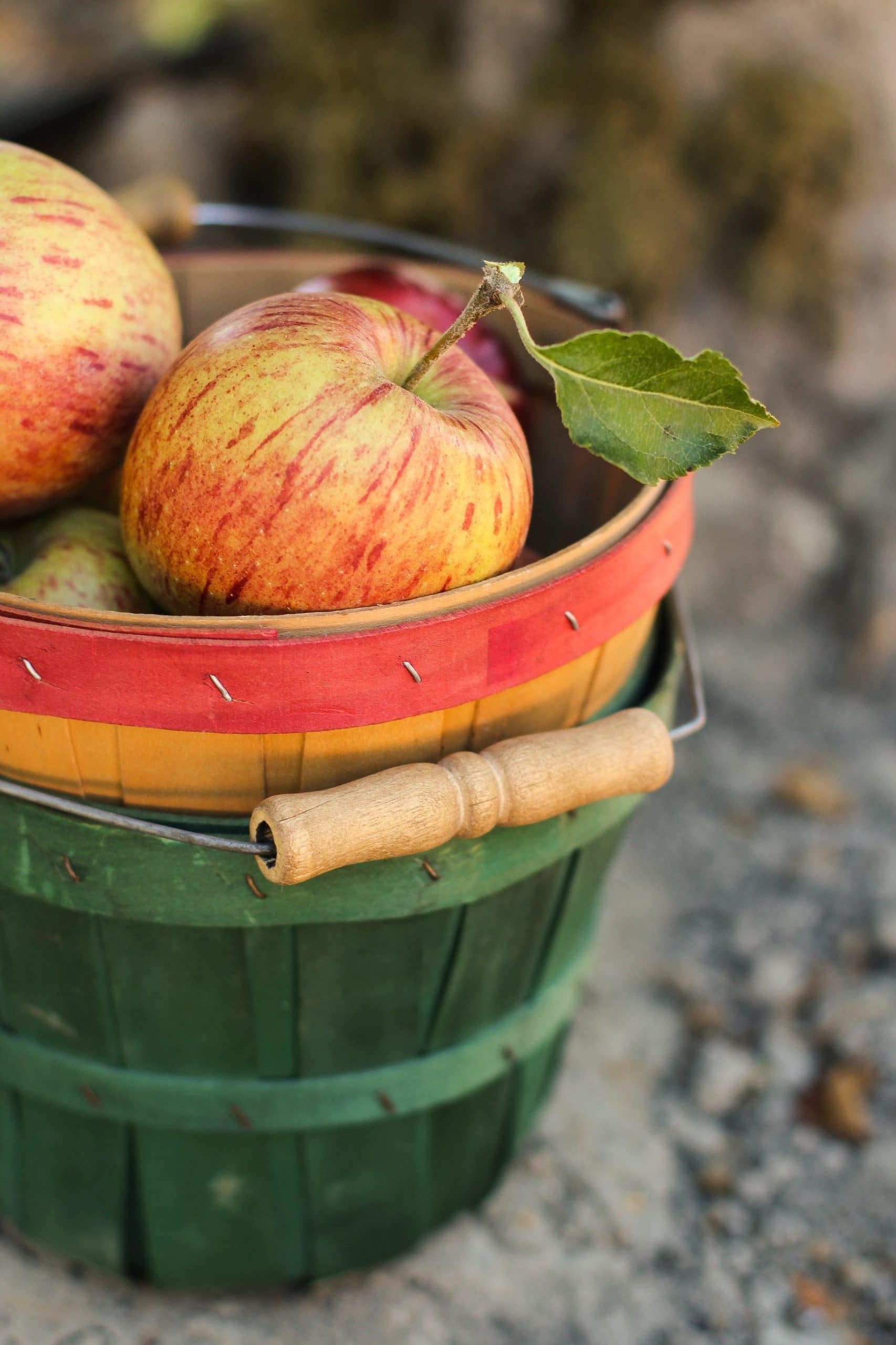 vertical photos of red/yellow apples in two stacked baskets